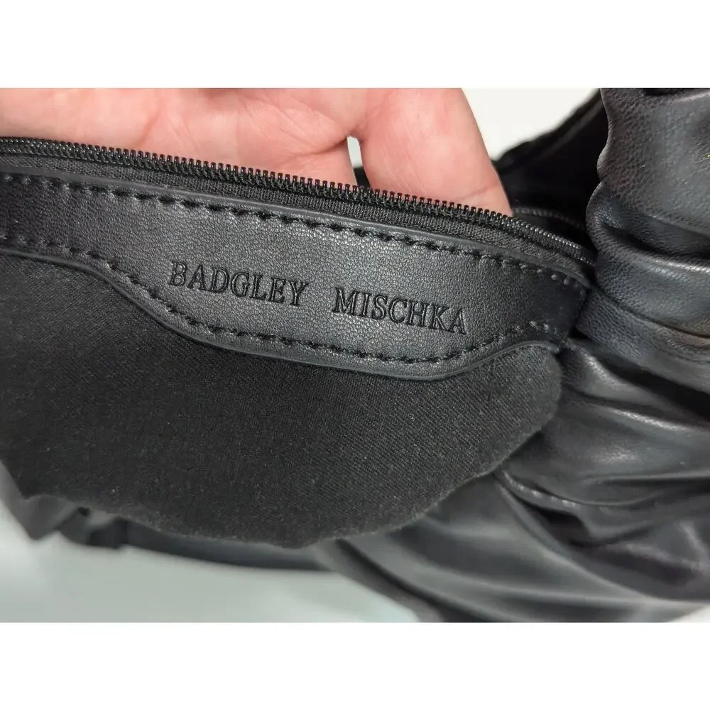 Badgley Mischka Pleated Shoulder Bag Hobo Purse Vegan Leather Black Half Moon